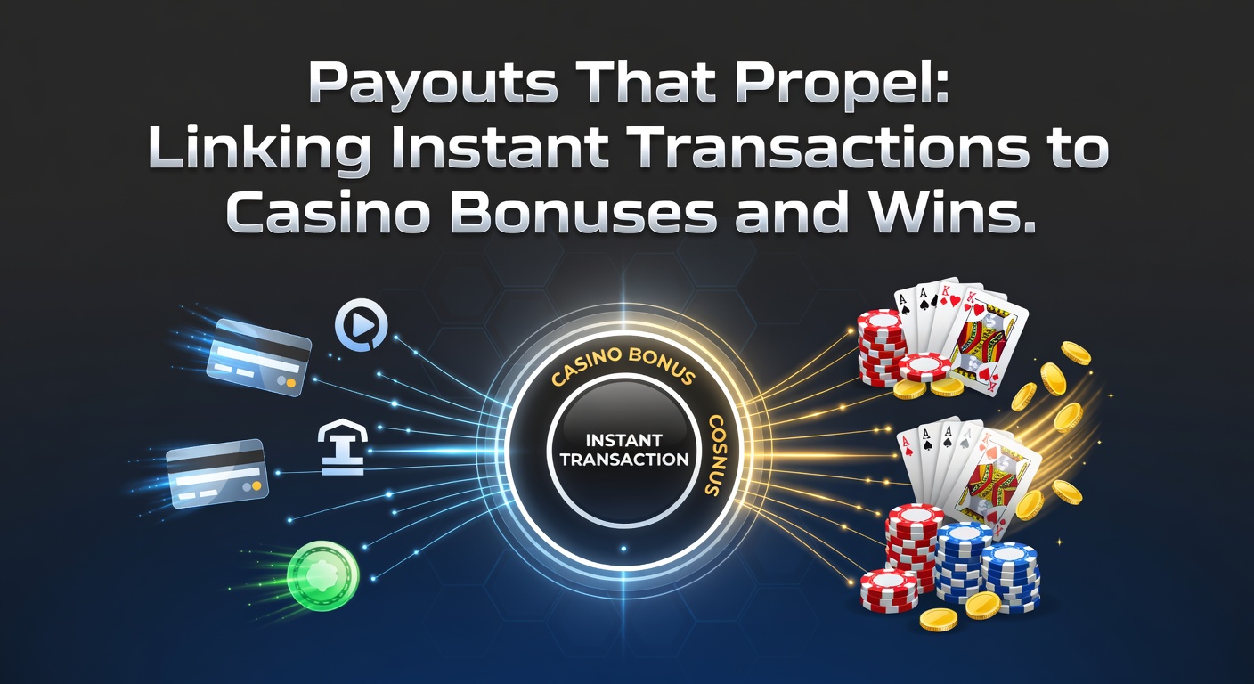 Dynamische Grafik, die schnelle Auszahlungen mit Casino-Boni und Gewinnfeiern verbindet, inklusive Symbole für Echtzeit-Überweisungen und Jackpot-Symbole